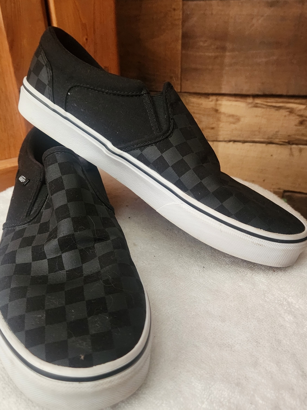 Vans  Classic Slip Ons With Checkerboard Pattern In Black And Gray- Mens Size 10